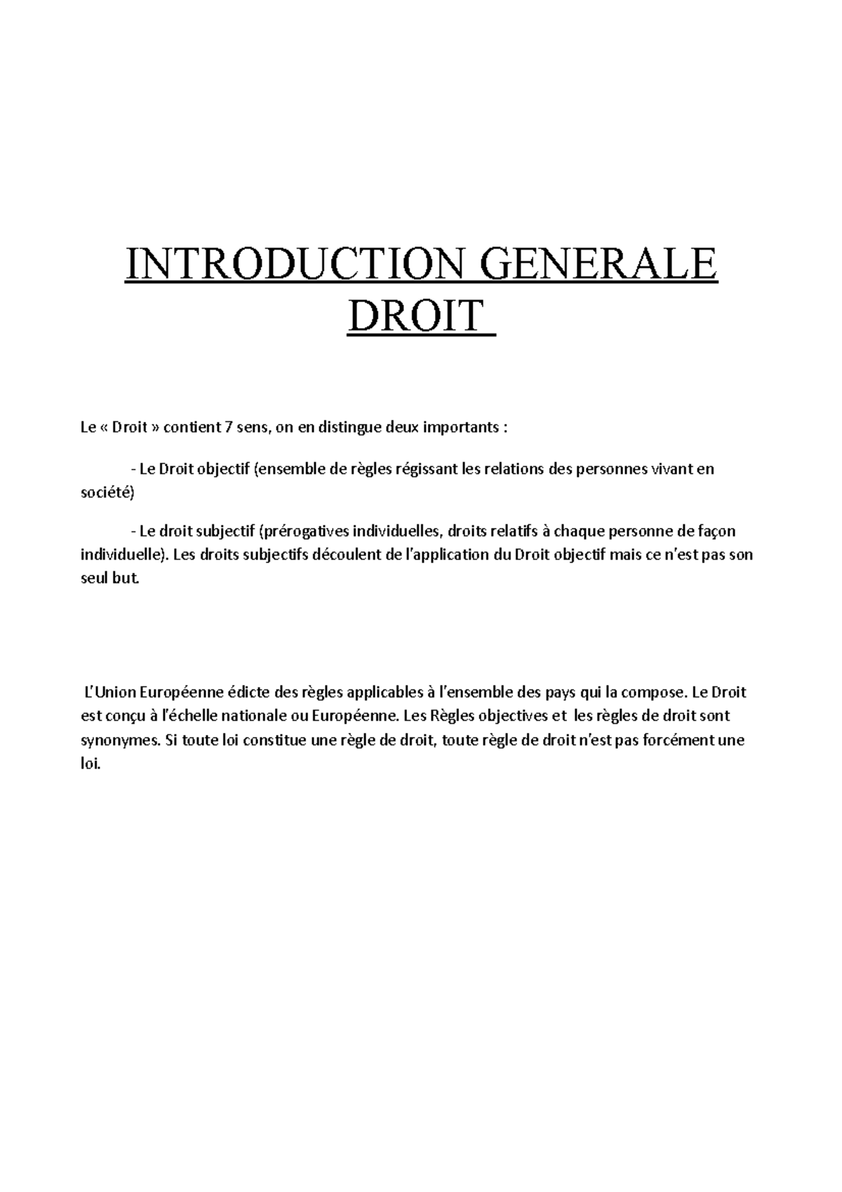 Introduction Général Au Droit - INTRODUCTION GENERALE DROIT Le « Droit ...