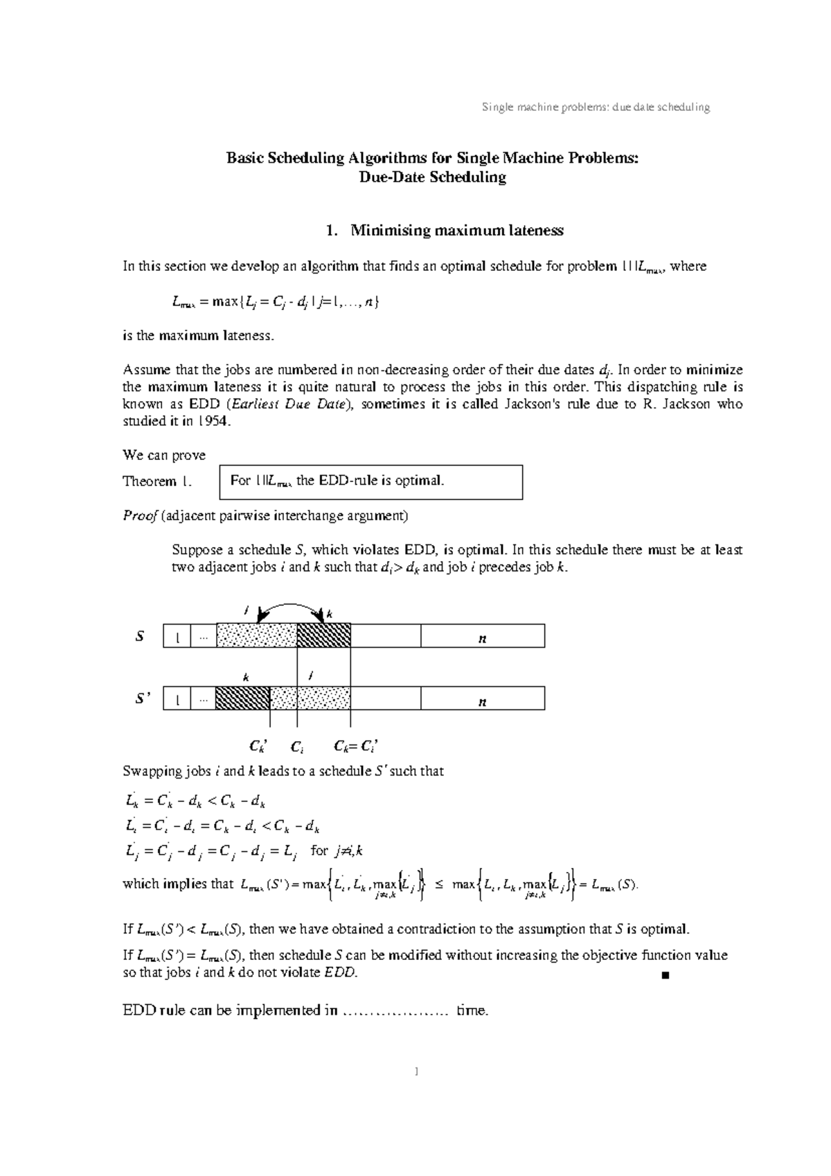 Jackons - Single machine problems: due date scheduling 1 Basic ...