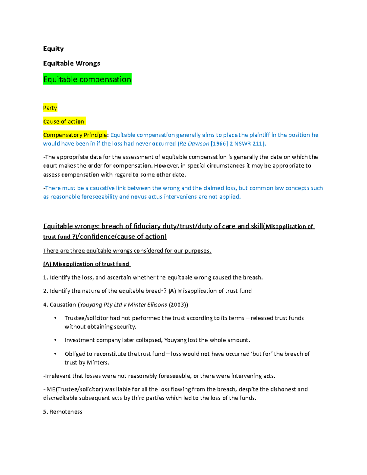 Equitable compensation exam prep - Equity Equitable Wrongs Equitable ...