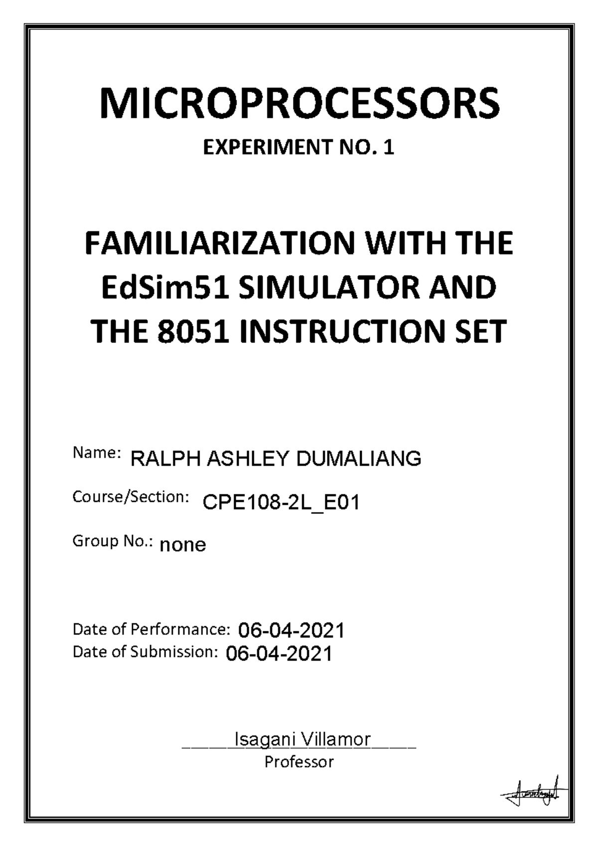 CPE1082LE01 Lab Report 01 Dumaliang, Ralph Ashley C MICROPROCESSORS