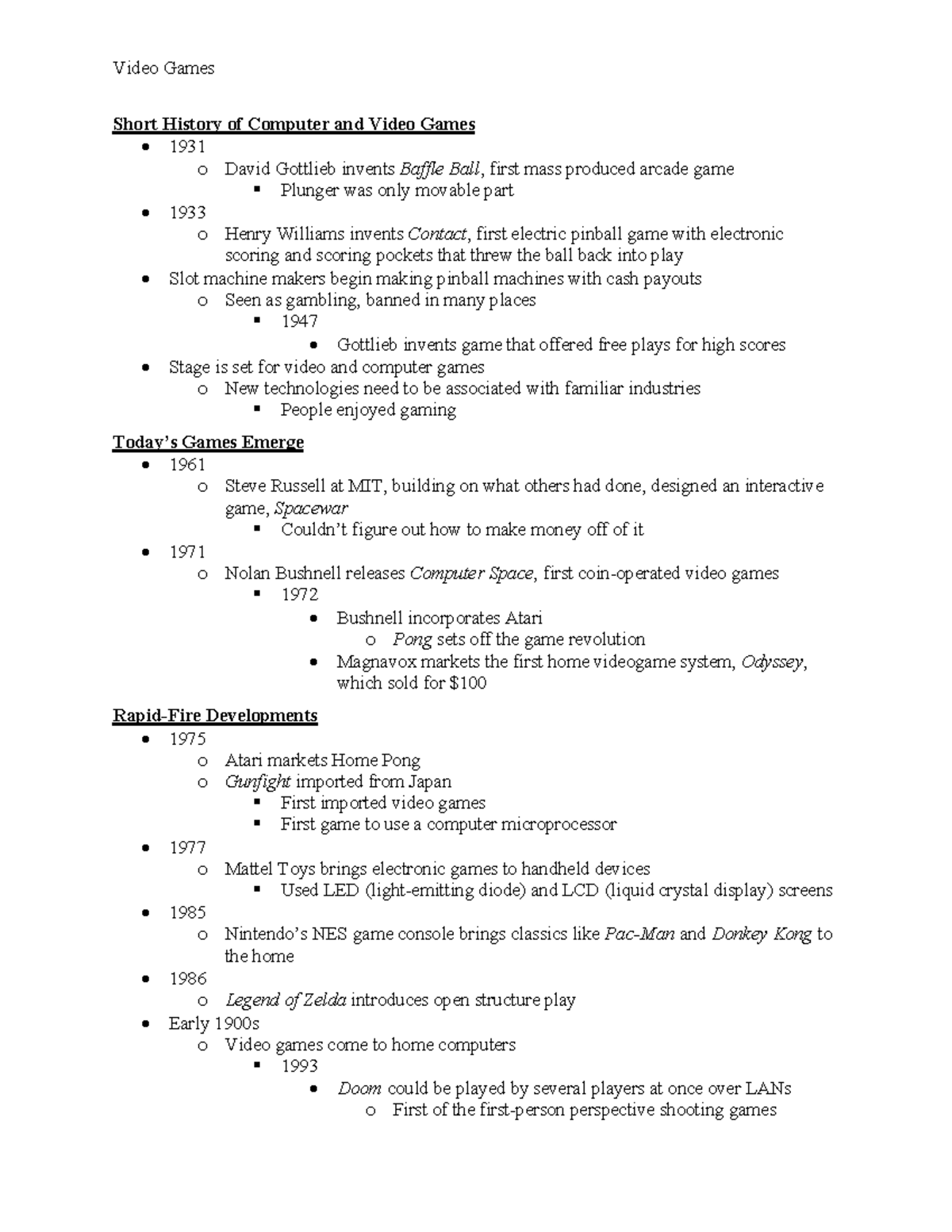 Chapter Nine Video Games Video Games Short History of Computer and Video Games 1931 o David