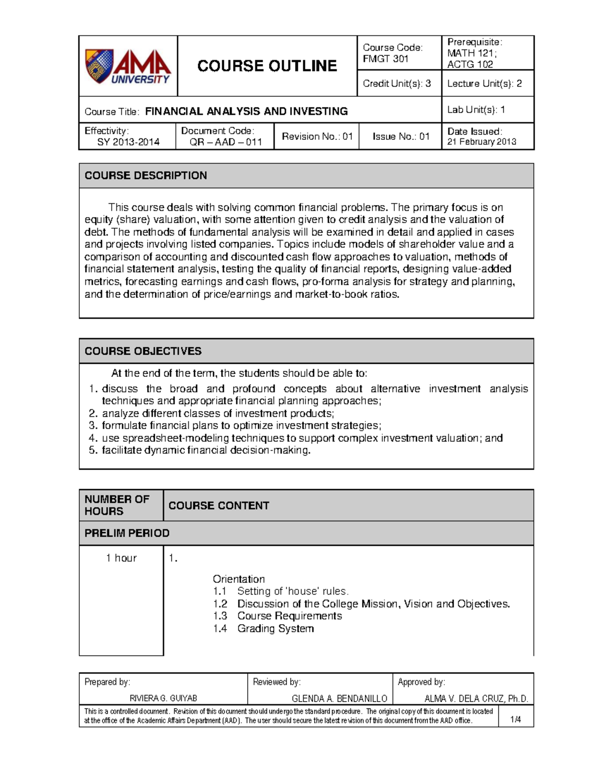 Financial Analysis and Investing - COURSE OUTLINE Course Code: FMGT 301 ...