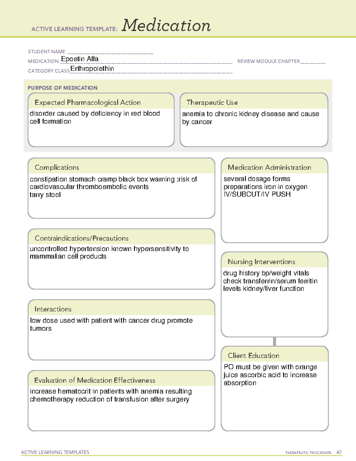 Drug epoetin - ACTIVE LEARNING TEMPLATES THERAPEUTIC PROCEDURE A ...