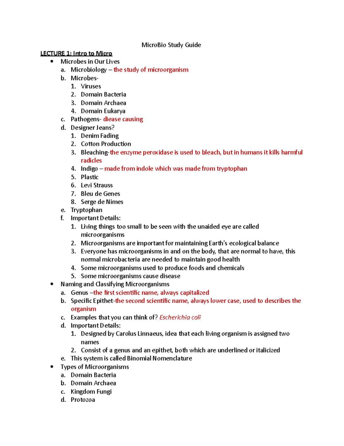Micro Bio Study Guide 1 - MicroBio Study Guide LECTURE 1: Intro to ...