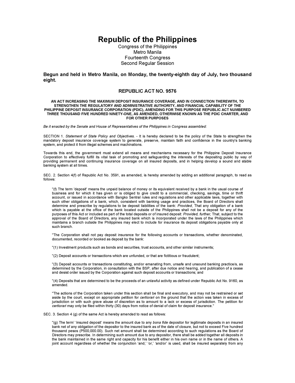 RA9576-PDIC - about law - Republic of the Philippines Congress of the ...