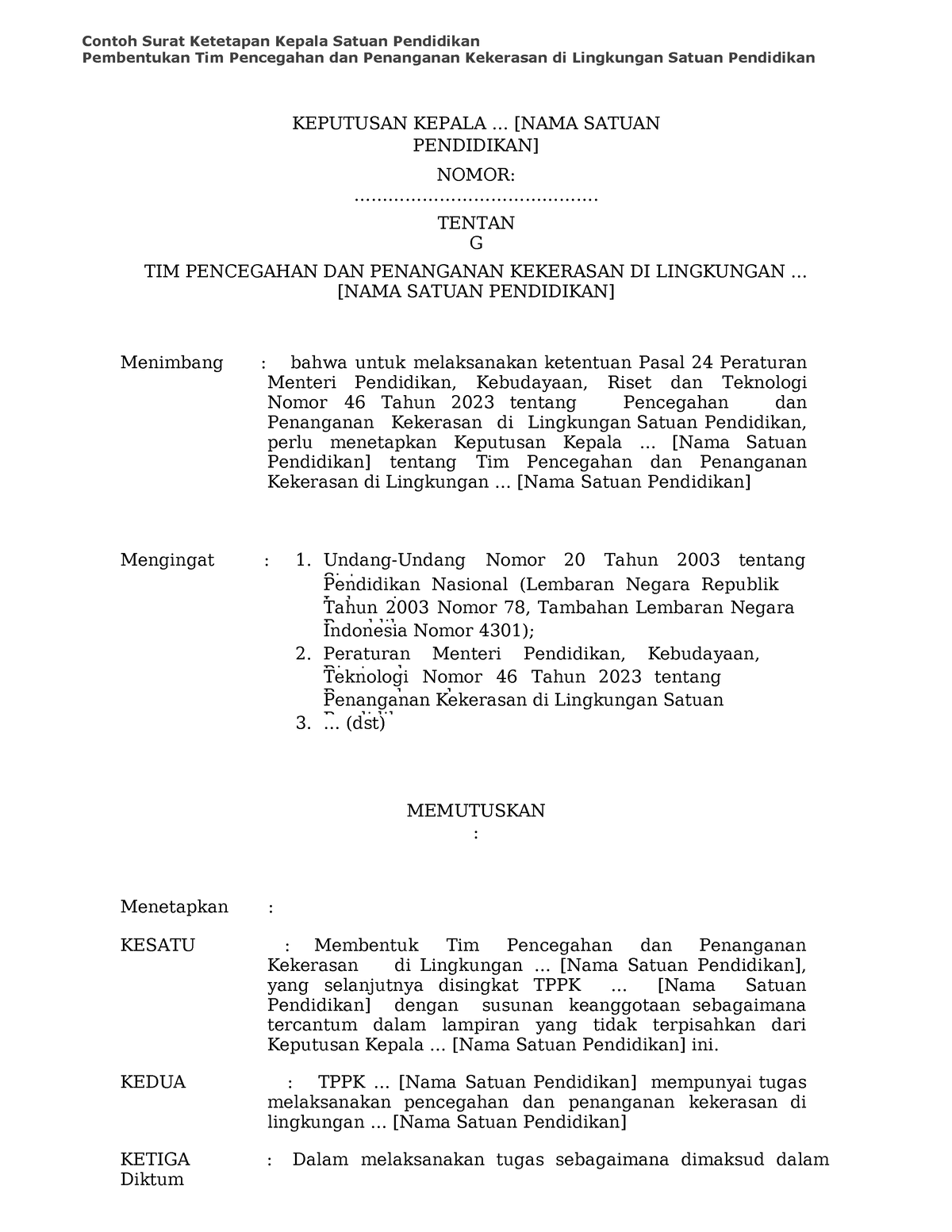 Lampiran 2 Contoh SK Kepala Satuan Pendidikan Pembentukan TPPK - Contoh