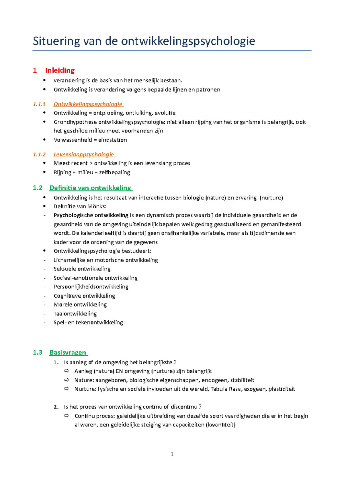 Samenvatting - Situering Van De Ontwikkelingspsychologie 1 Inleiding ...