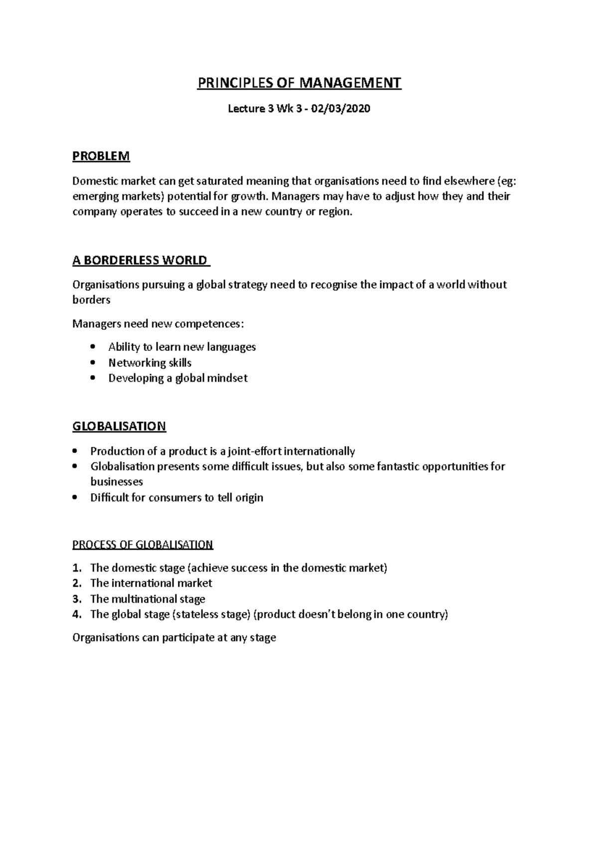 POM Notes - Lecture 3 - PRINCIPLES OF MANAGEMENT Lecture 3 Wk 3 - 02/03 ...