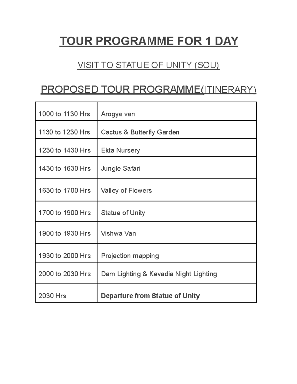 TOUR Programme Itinerary - TOUR PROGRAMME FOR 1 DAY VISIT TO STATUE OF ...