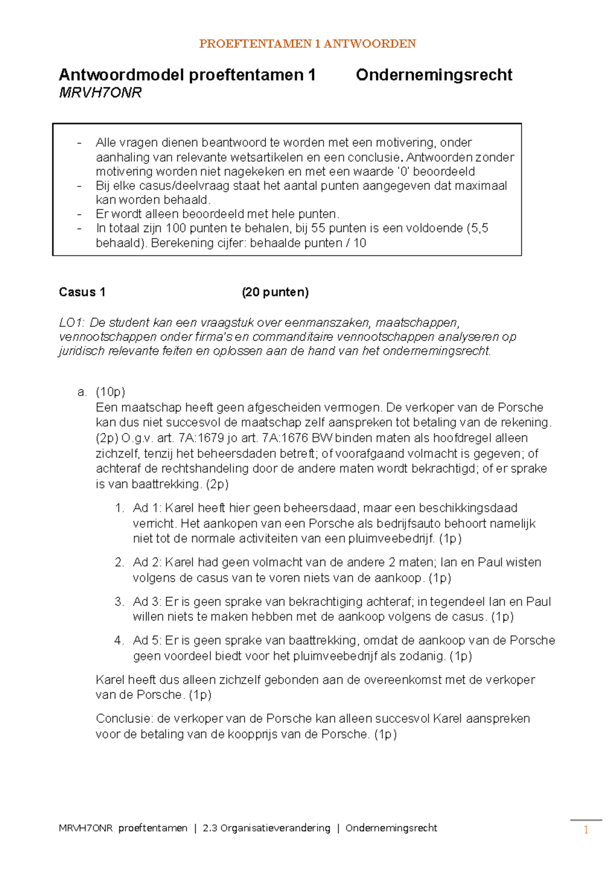 Ondernemingsrecht - Proeftentamen 1 Antwoorden (MRVH7ONR ...