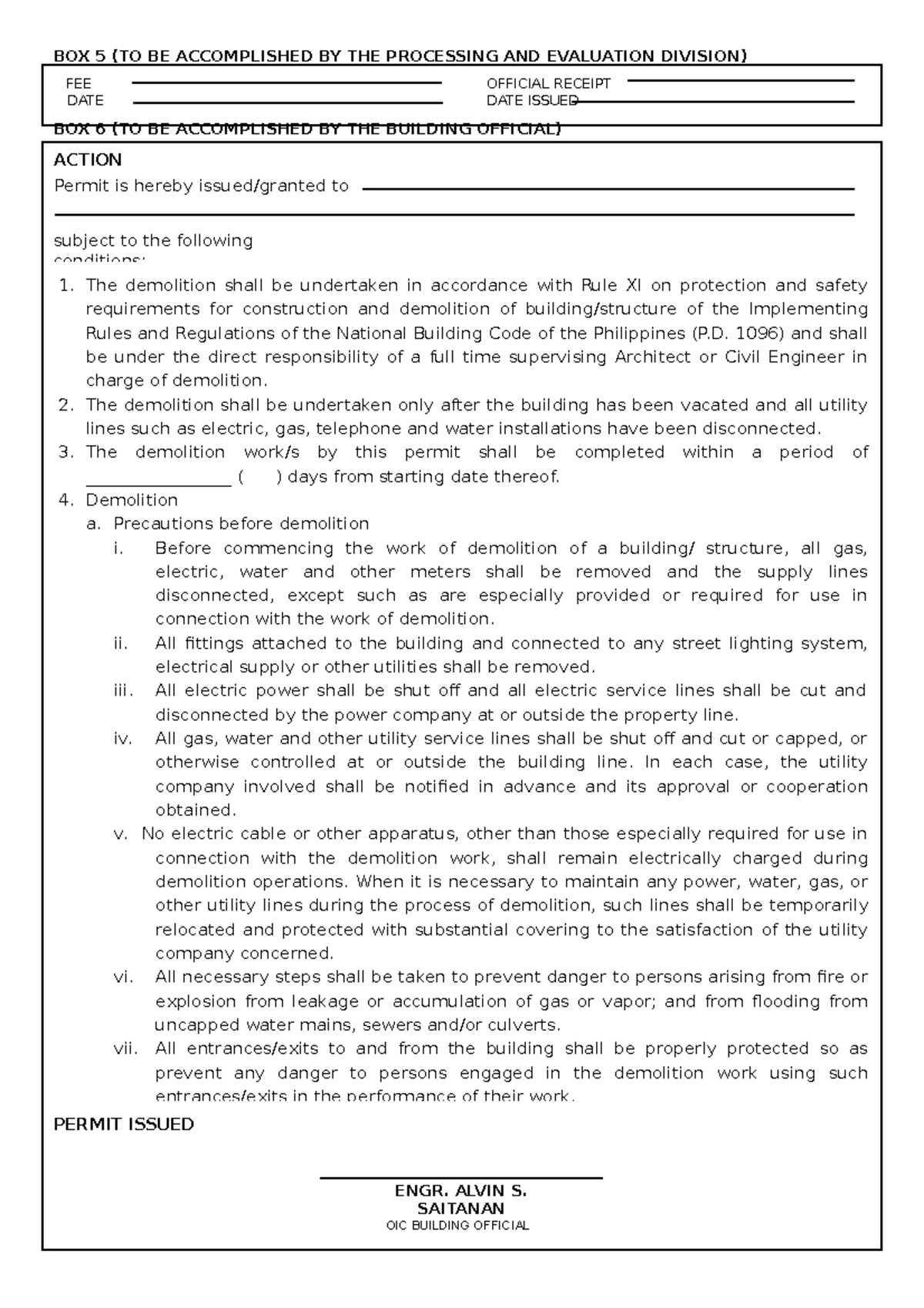 09 Demolition Permit (back) FEE DATE OFFICIAL RECEIPT DATE ISSUED The