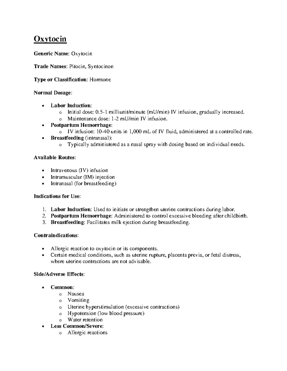 OB Med Cart Detail explaining of medicines for maternity Oxytocin