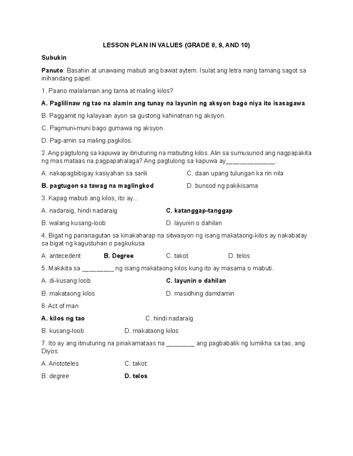 LP November 4 - 8 - Lesson Plan - LESSON PLAN IN VALUES (GRADE 8, 9 ...