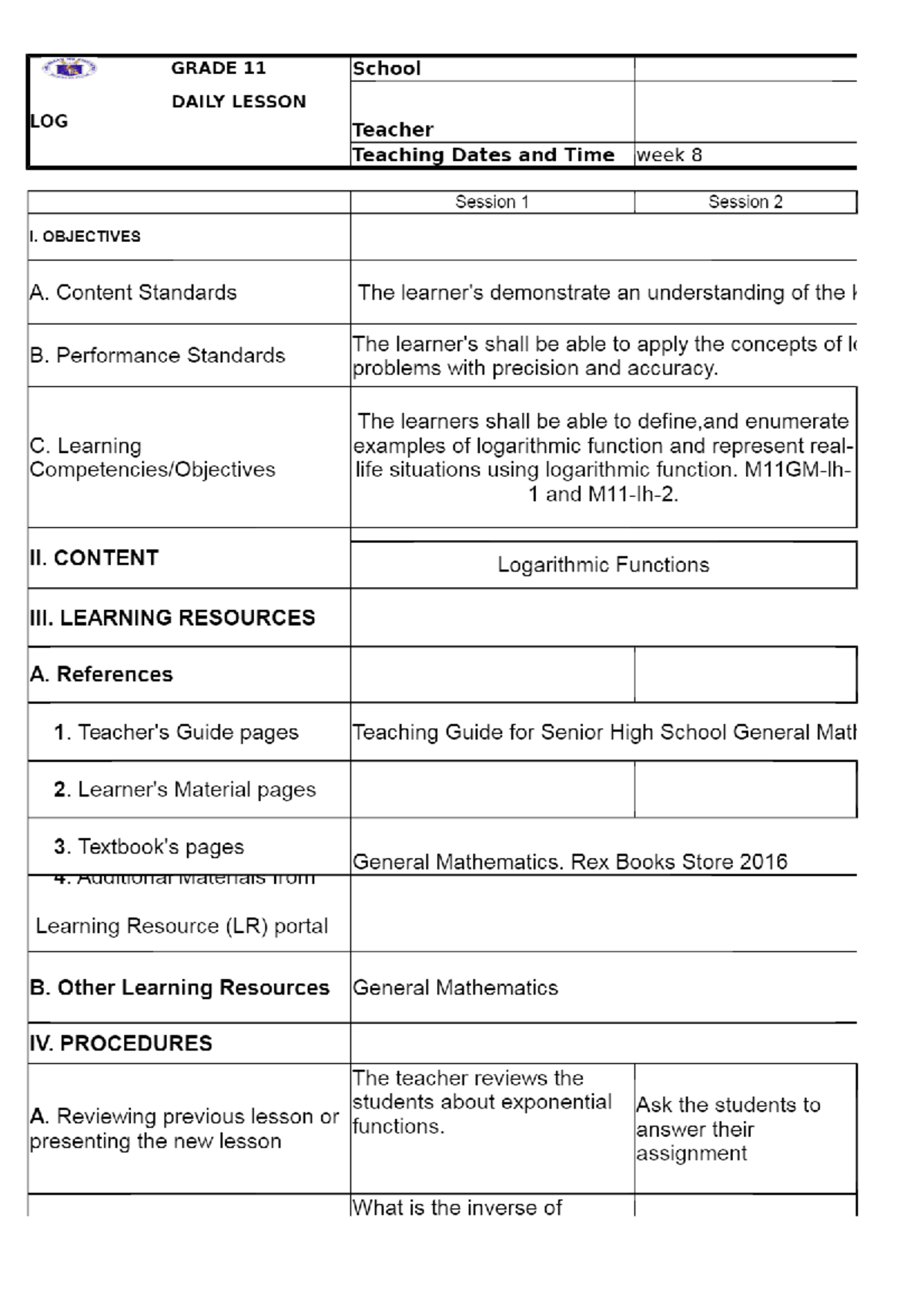 General Math DLL for SHS - Week 08 TOAZ - GRADE 11 School DAILY LESSON ...