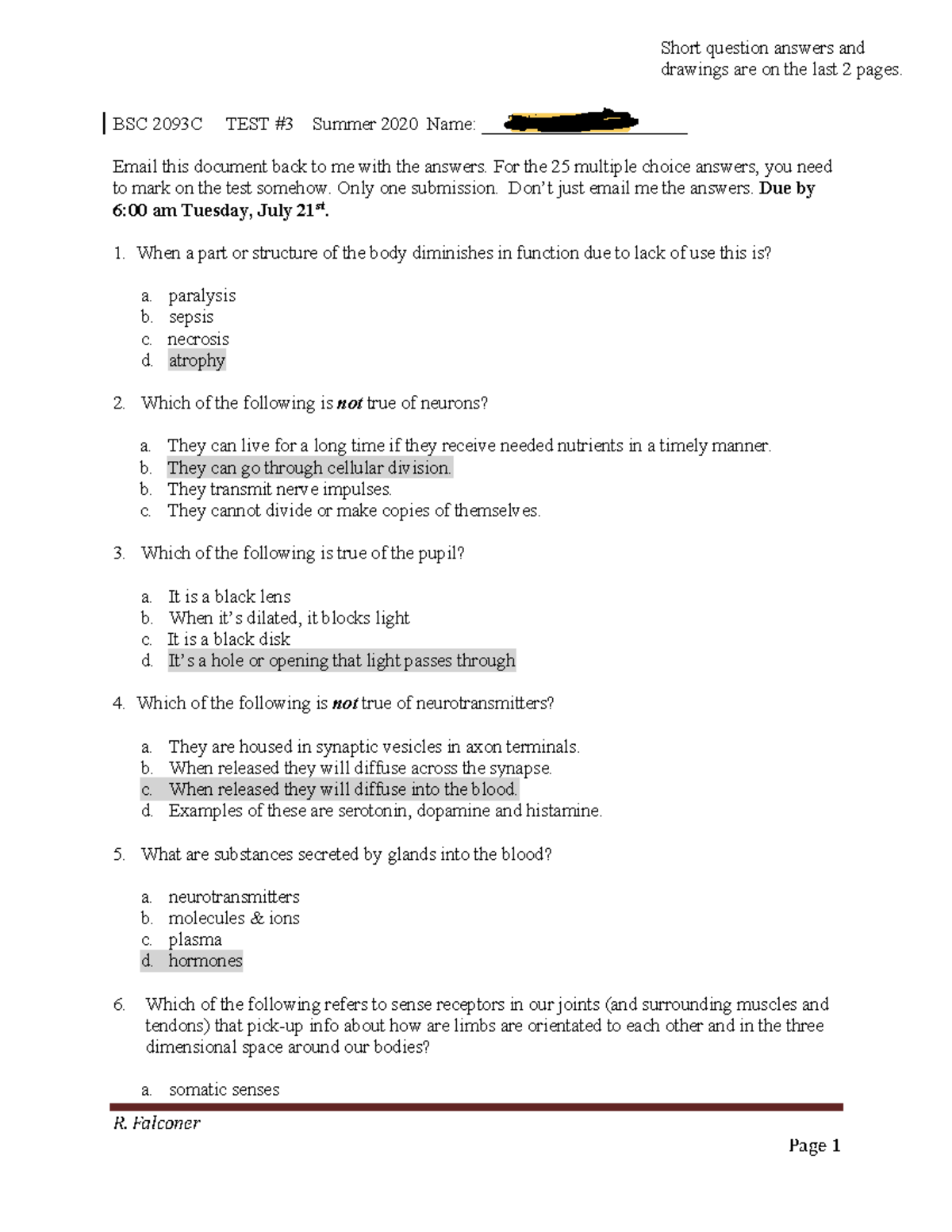 Exam3withanswers exam with answers _R. Falconer _ BSC 2093C TEST 3