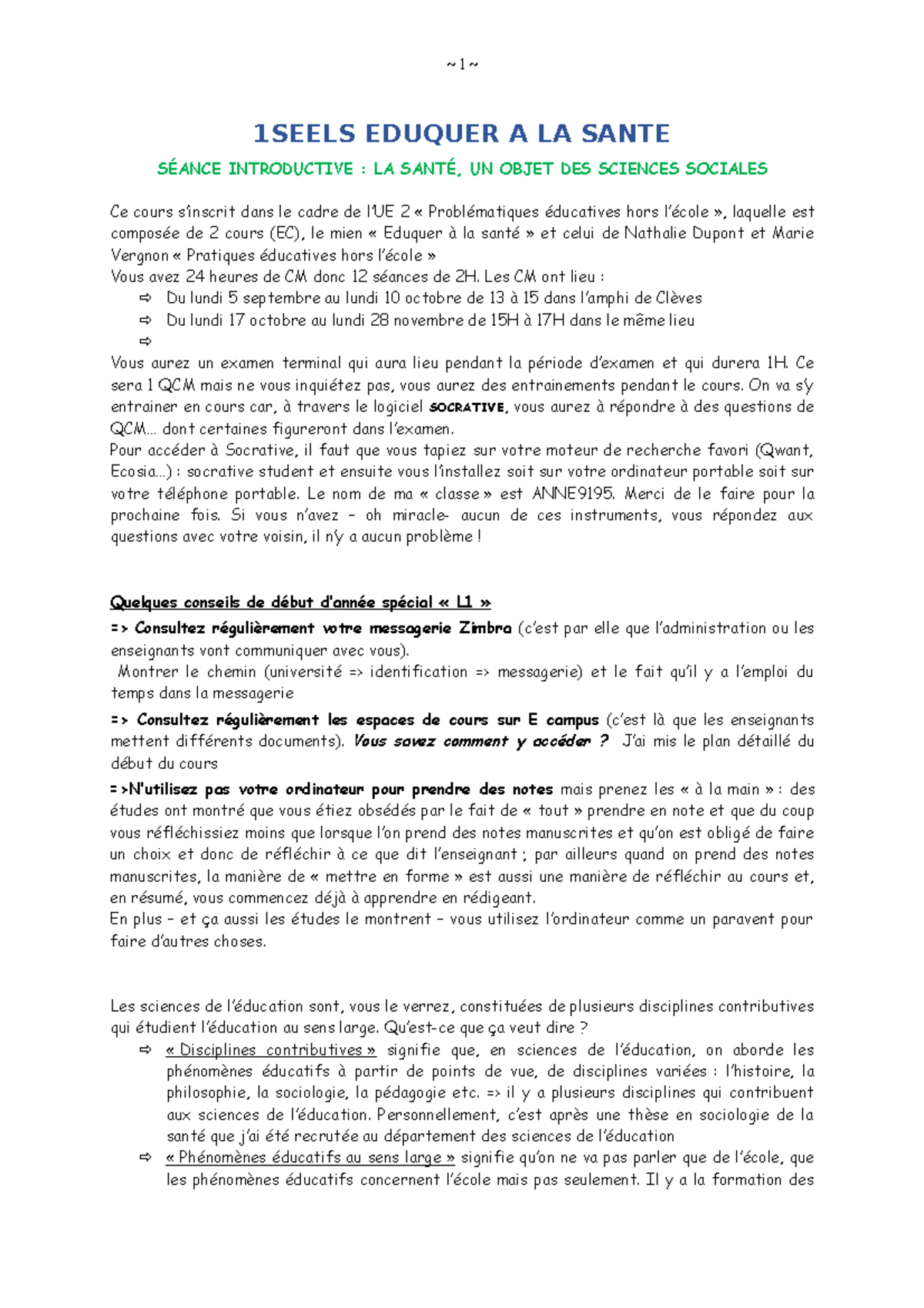 CM Eduquer à la santé - Cours - 1SEELS EDUQUER A LA SANTE SÉANCE ...