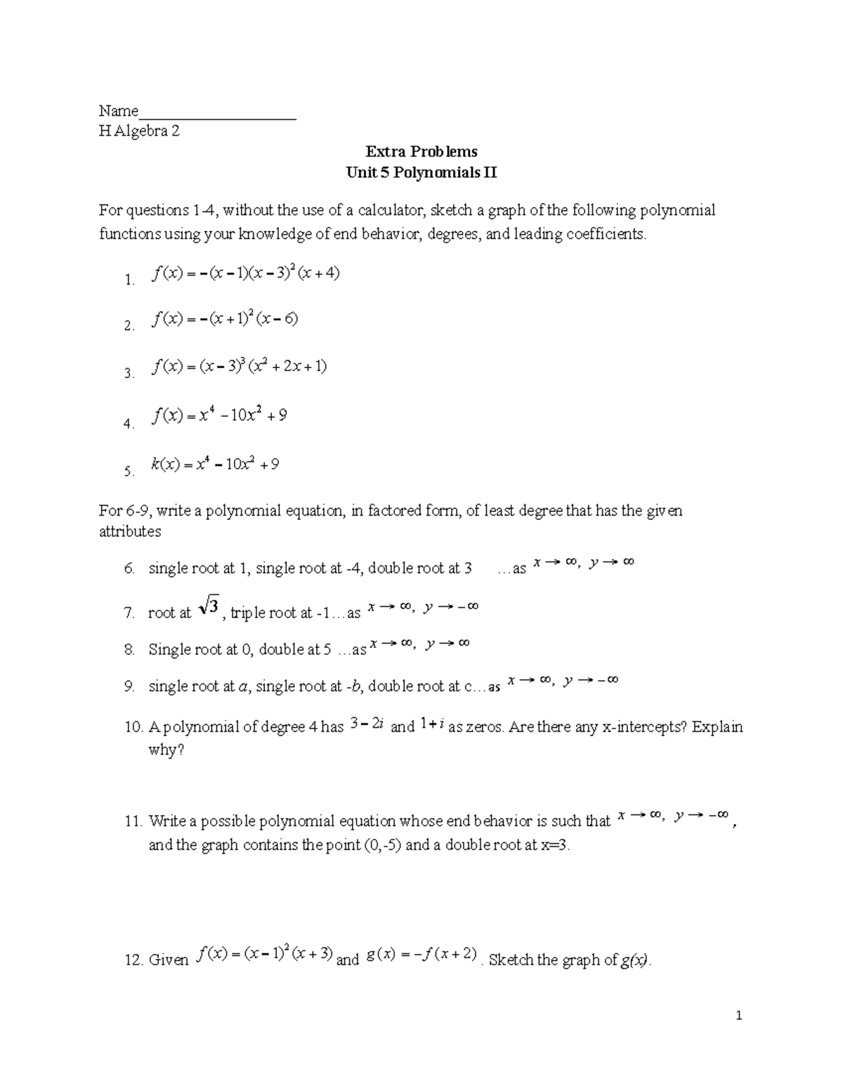 Extra Problems Poly II - math - Name___________________ H Algebra 2 ...