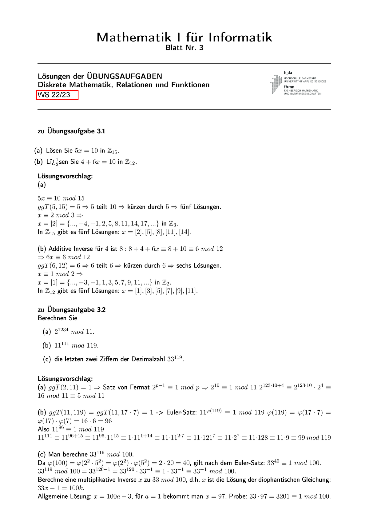 Blatt Loesung Uebung Mathe F R Informatiker Bung Mit L Sungen T T R