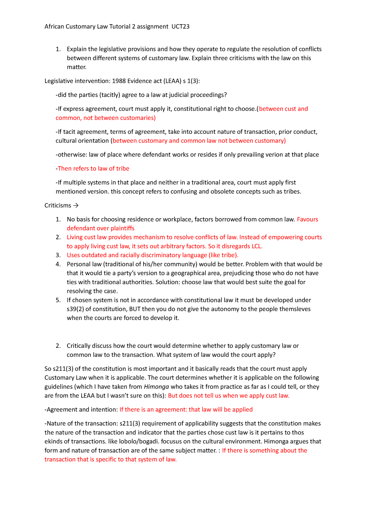 ACL TUT 2 UCT23 - ACL Tut 2 - African Customary Law Tutorial 2 ...