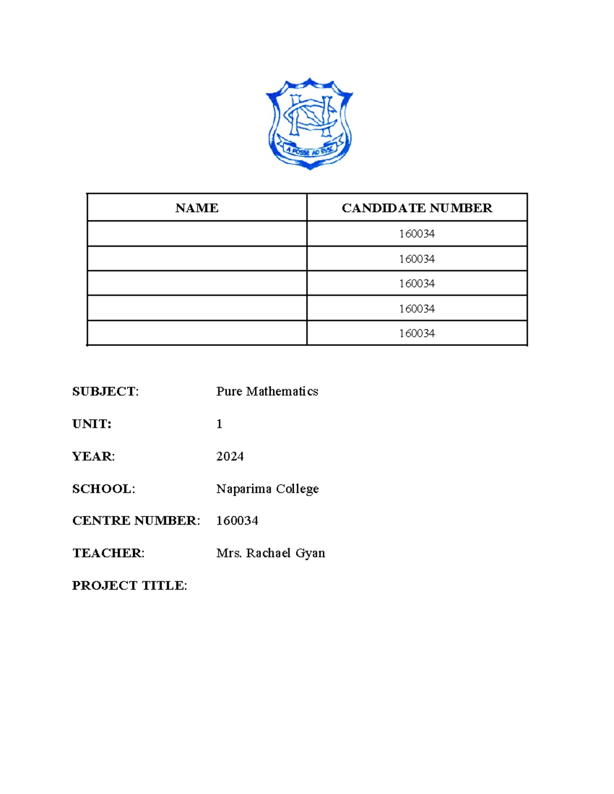Unit 1 Pure Math SBA Cover Sheet - mathematics - NAME CANDIDATE NUMBER ...