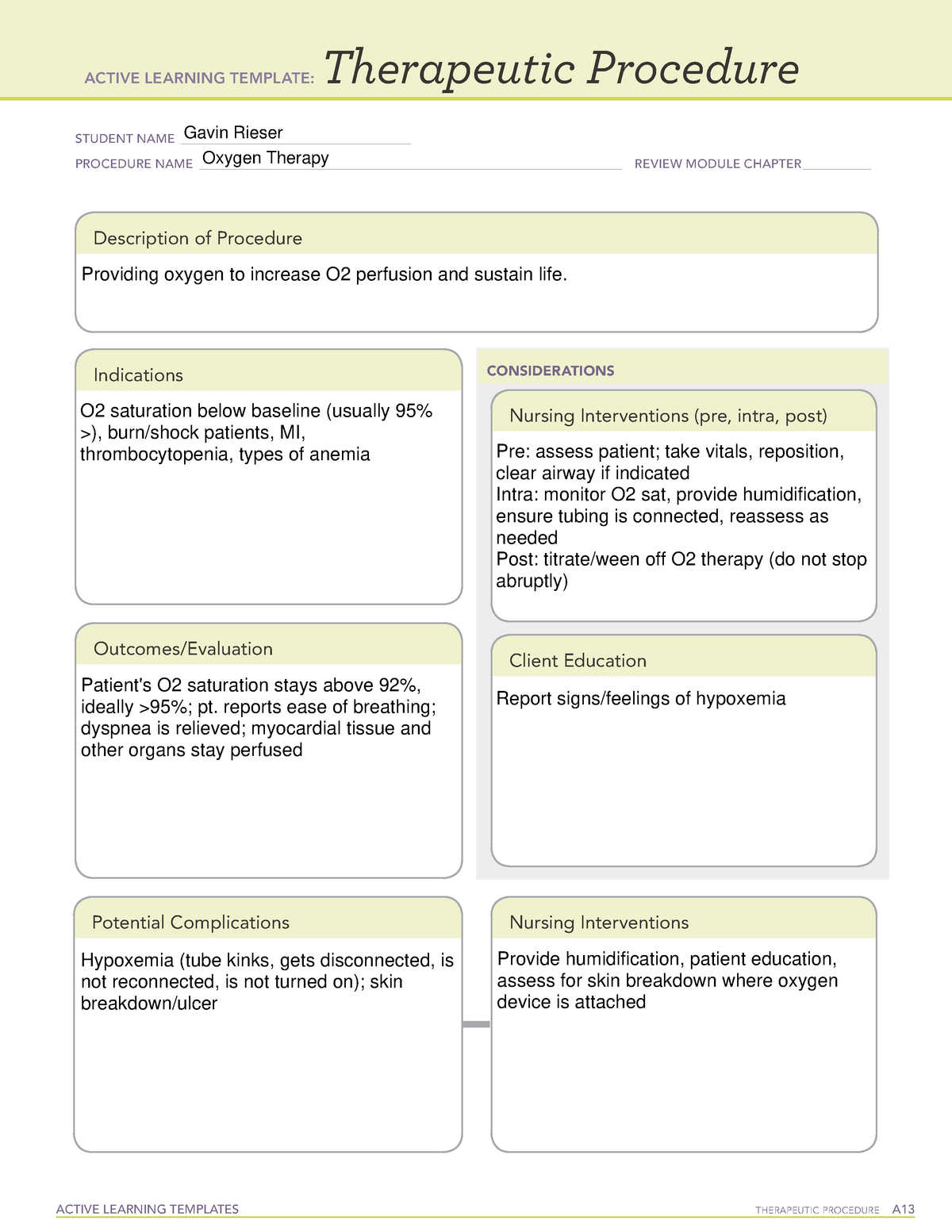 ATI Therapeutic oxygen therapy ACTIVE LEARNING TEMPLATES THERAPEUTIC
