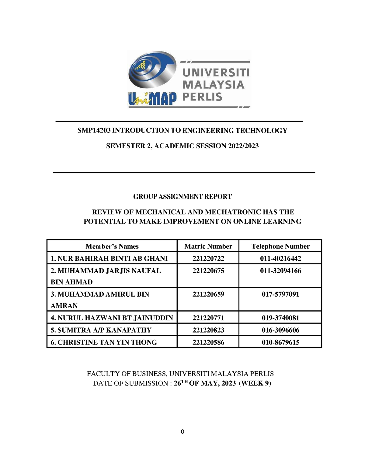 Introduction To Engineering Technology (group Assignment) 1 - Smp14203 