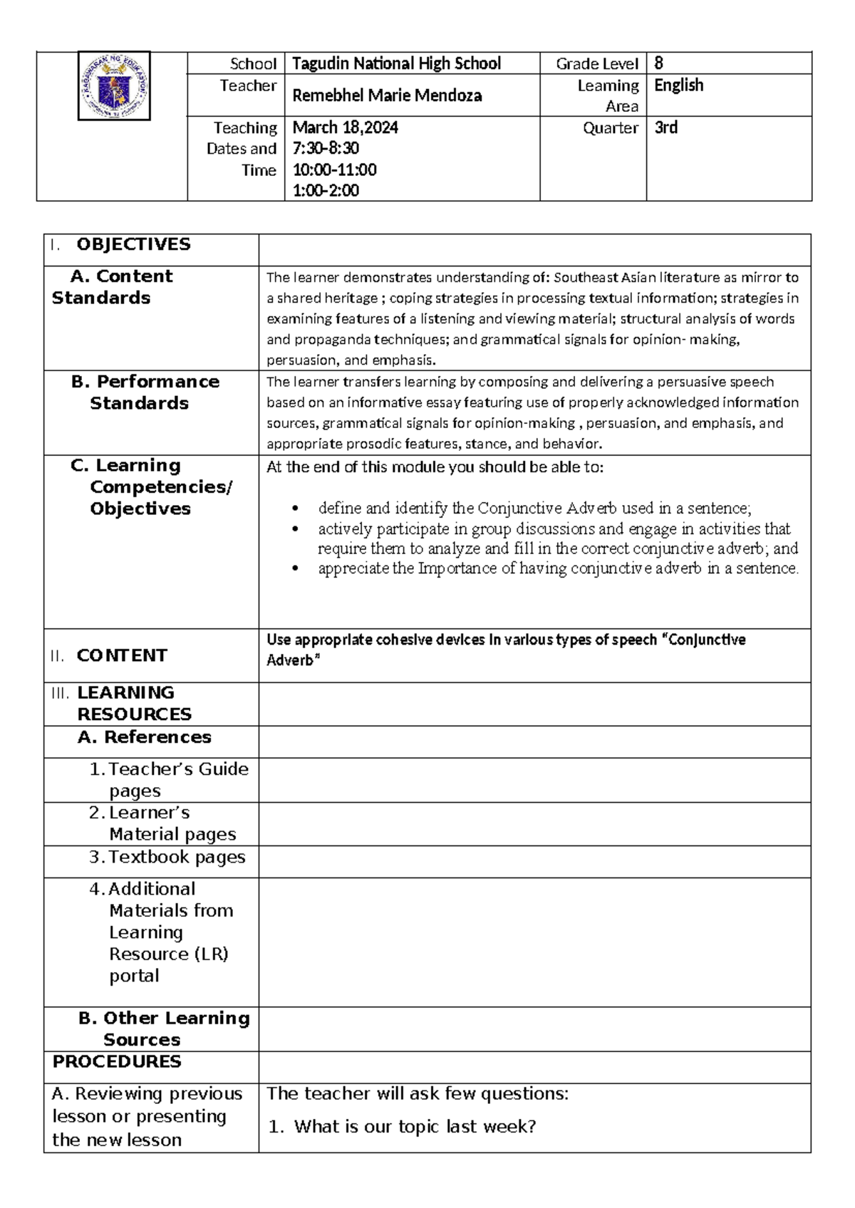 Conjunctive LP - School Tagudin National High School Grade Level 8 ...
