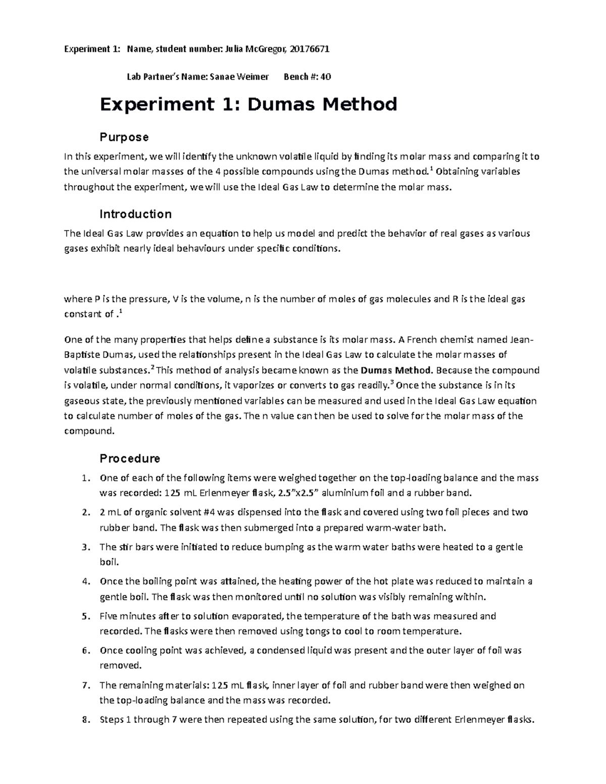 Lab #1 Dumas Method - Wu. - Experiment 1: Name, student number: Julia ...
