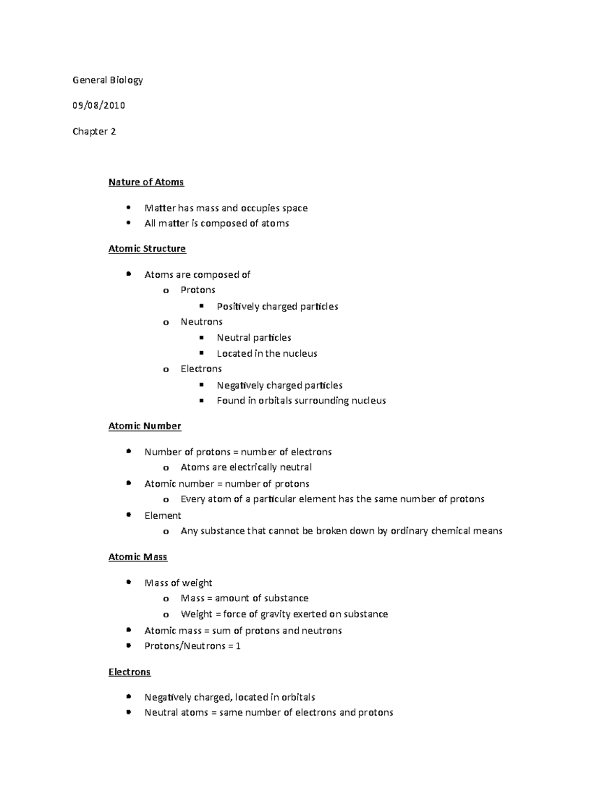 Biology Chapter 2 - Lecture notes 3 - General Biology 09/08/ Chapter 2 ...