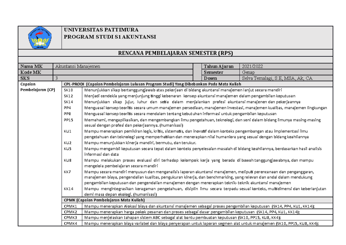 RPS - RPS - UNIVERSITAS PATTIMURA PROGRAM STUDI S1 AKUNTANSI RENCANA ...