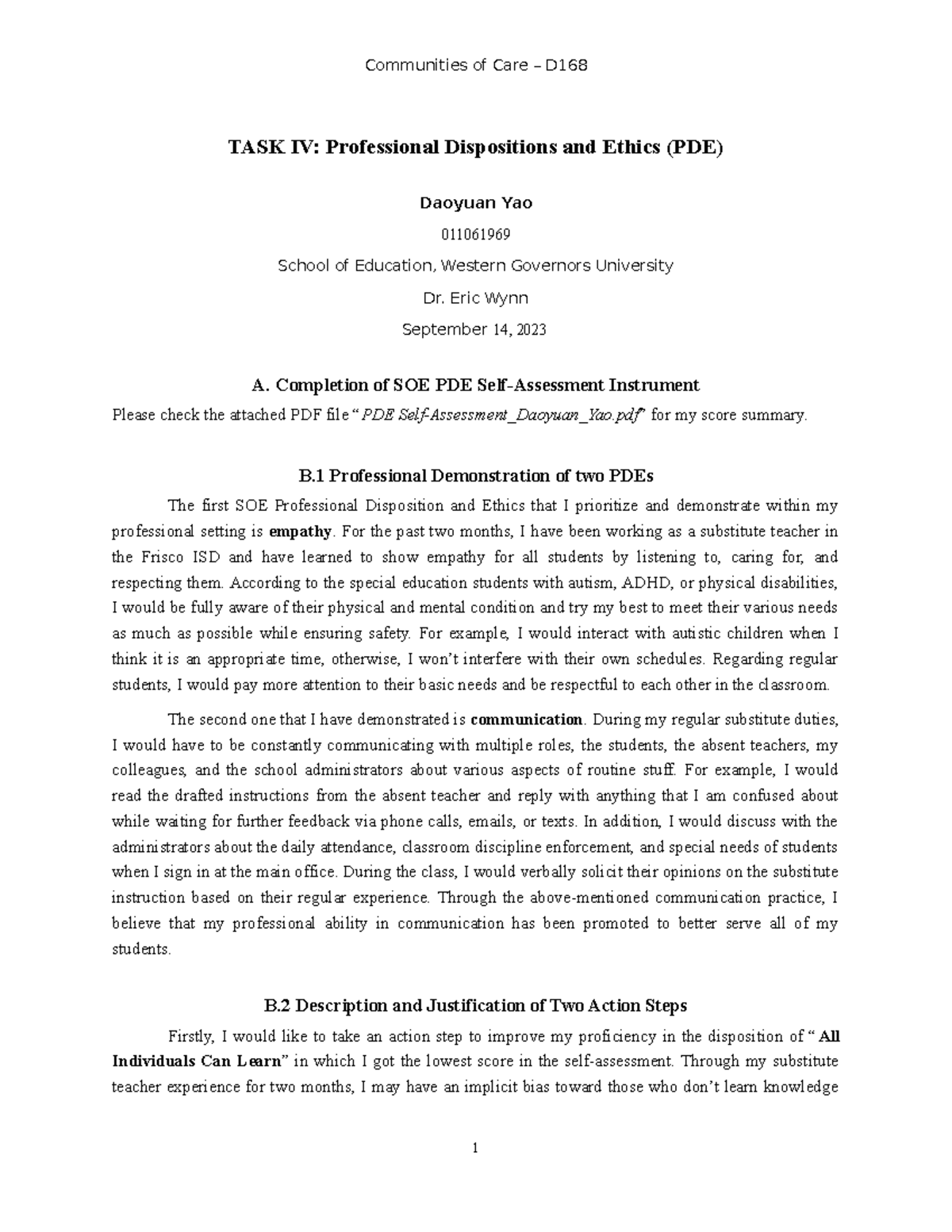 TASK 4: Professional Dispositions and Ethics - Eric Wynn September 14 ...