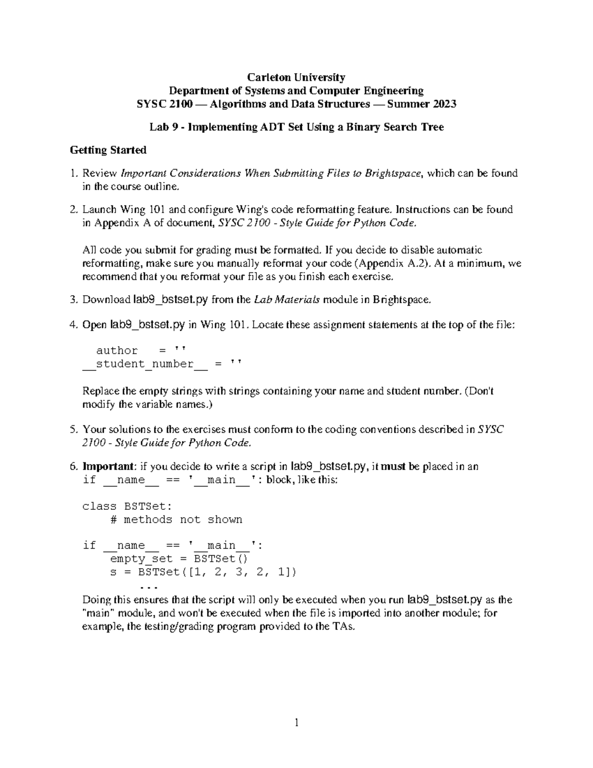 S23 SYSC2100 Lab9 - Summer23 lab support - 1 Carleton University ...