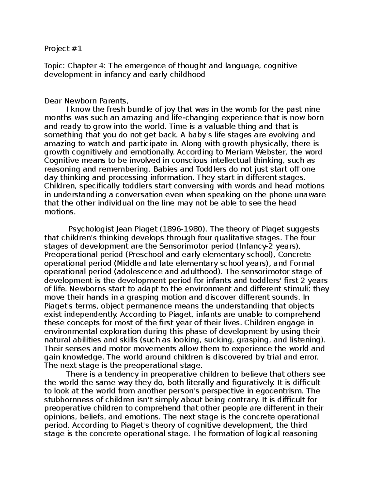 Project #1 - Project # Topic: Chapter 4: The emergence of thought and ...