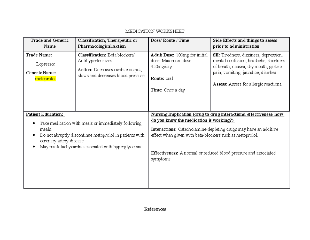 N481L - Week 2 Medsheet - Clinical medication sheet - MEDICATION ...
