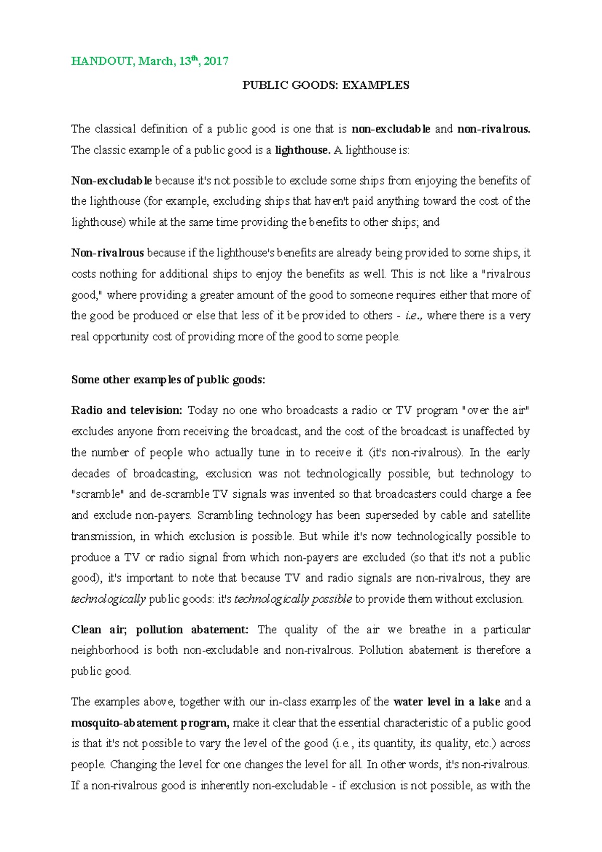 Public Goods Examples - HANDOUT, March, 13th, 2017 PUBLIC GOODS ...