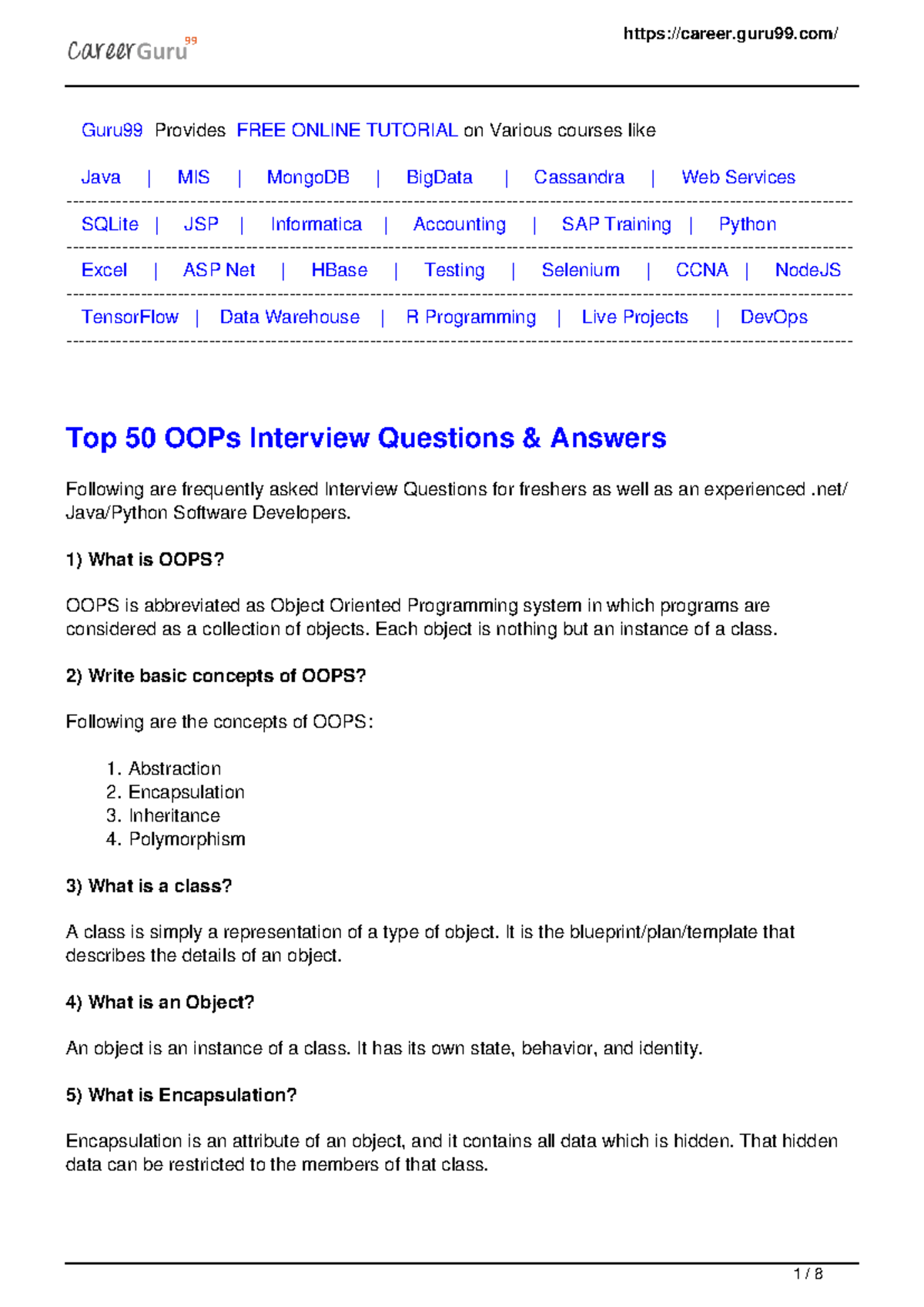 Top 50 OOPS Interview Questions - Guru99 Provides FREE ONLINE TUTORIAL ...