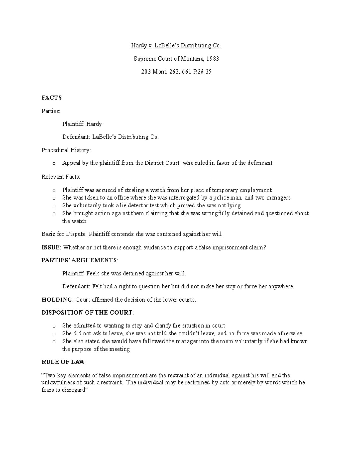 Hardy Case Brief Hardy v. LaBelle’s Distributing Co. Supreme Court of