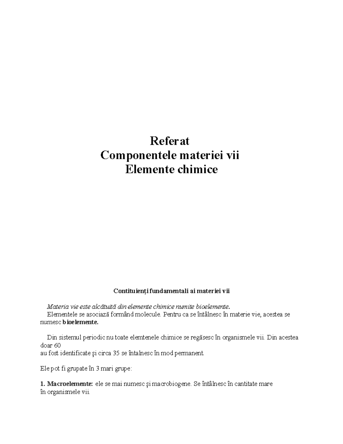 Referat Biochimie - Componentele Materiei Vii - Referat Componentele ...