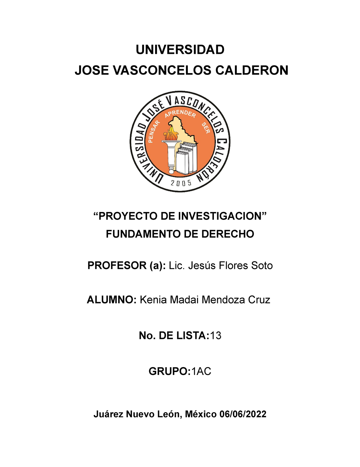 Fundamento De Derecho Proyecto Universidad Jose Vasconcelos Calderon