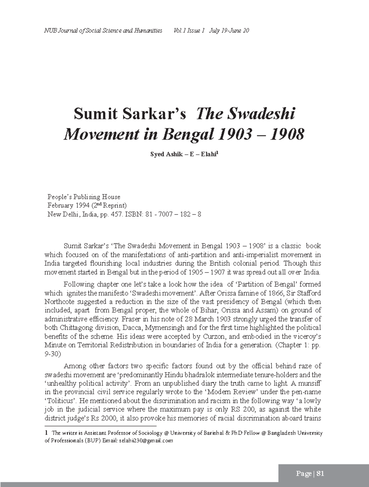 Sumit Sarkar’s The Swadeshi Movement in Bengal 1903 – 1908 Book Review ...
