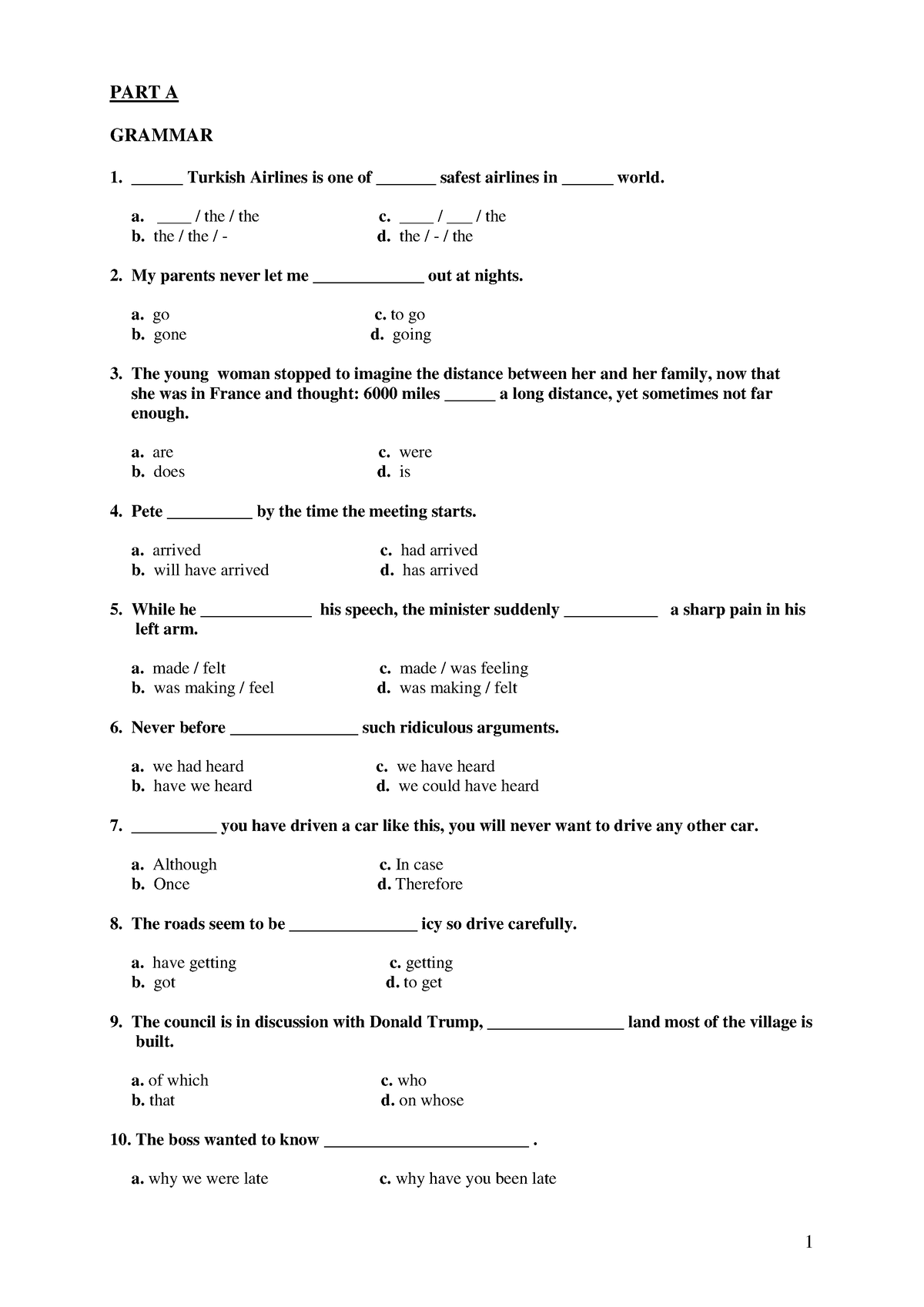 Proficiency and Placement Exam Sample - PART A GRAMMAR 1 ...