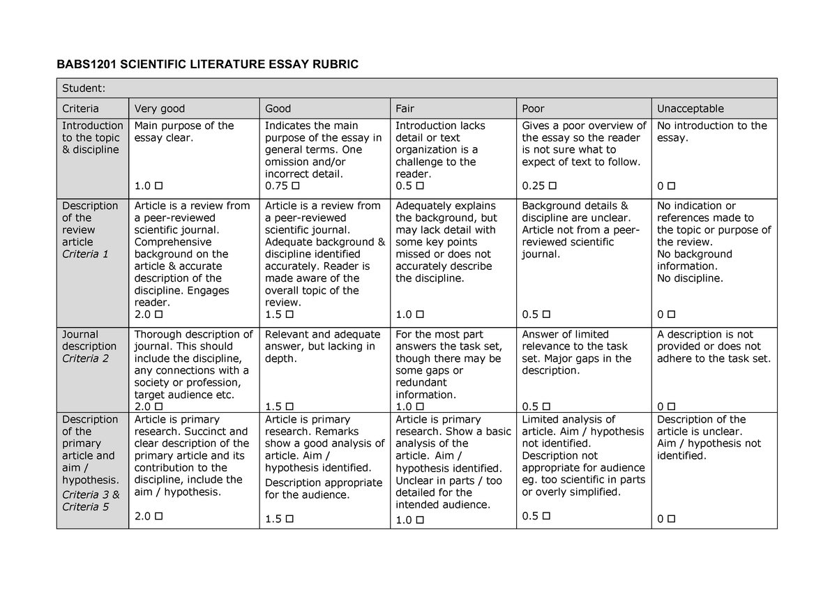 science literature review rubric