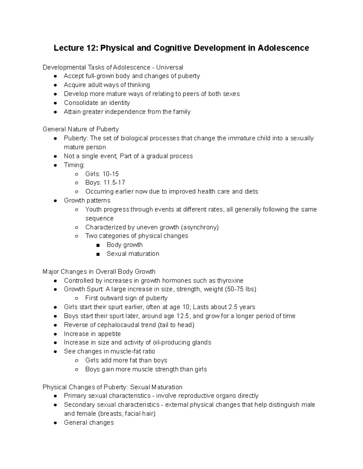 Developmental Psychology Lecture 12: Physical and Cognitive Development ...