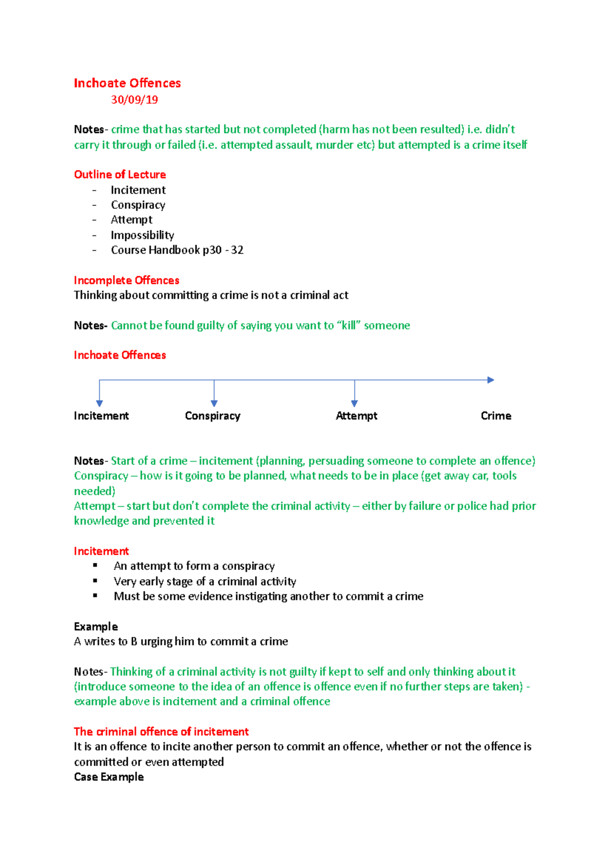 Lecture 10 Inchoate Offences 30:09 - Inchoate Ofences 30/09/ Notes ...