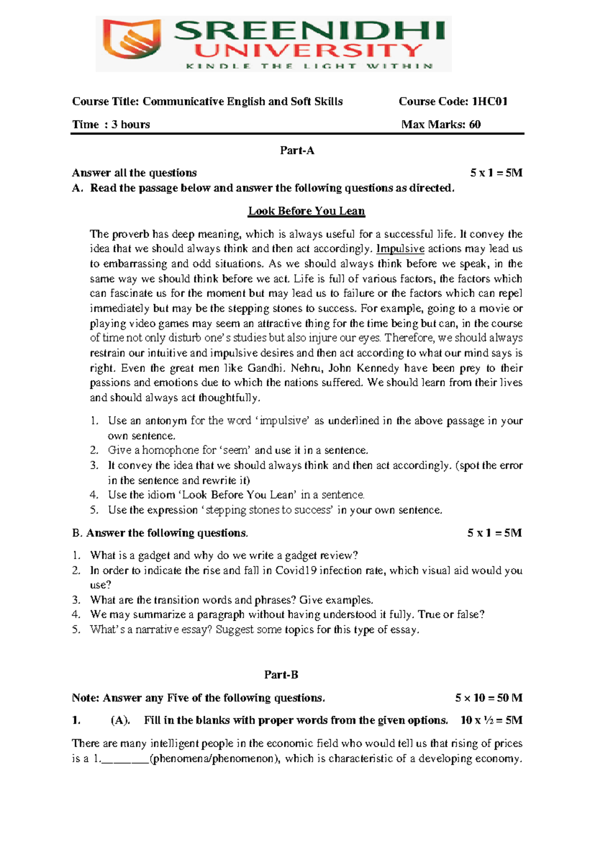 Model Question Paper 3 sem - Course Title: Communicative English and ...