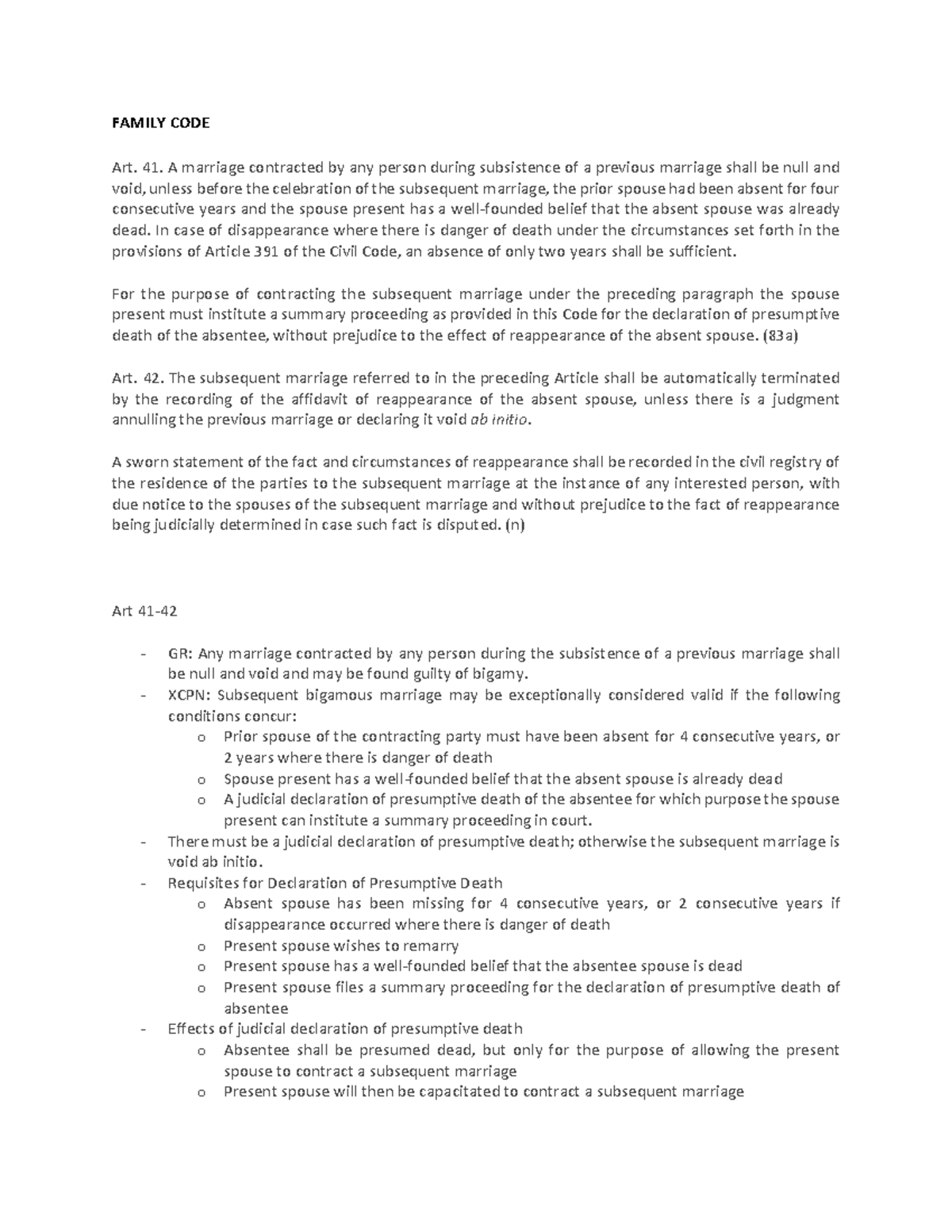 PFR Family CODE ART. 4180 FAMILY CODE Art. 41. A marriage contracted