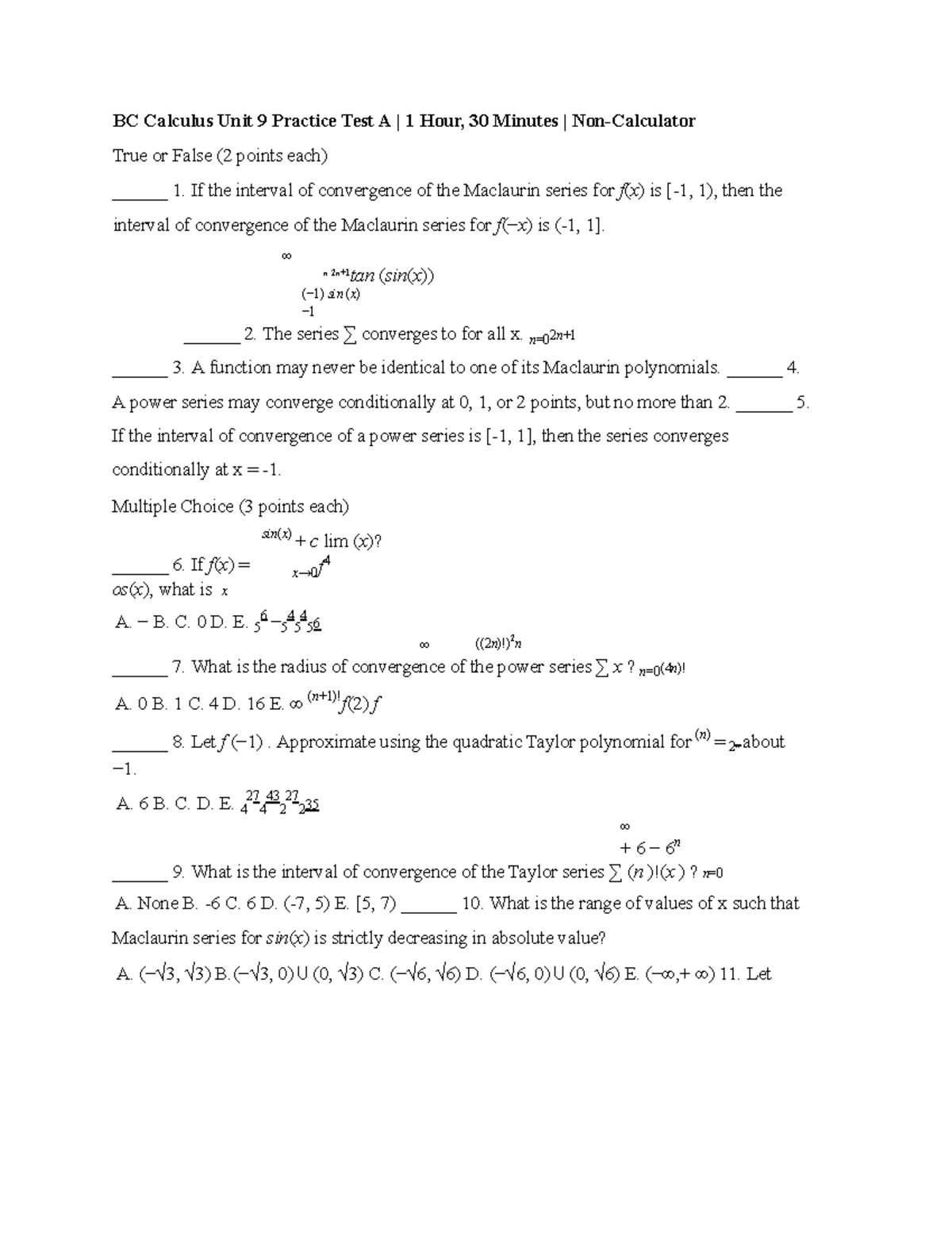 BC Calc Unit 9 Practice A - BC Calculus Unit 9 Practice Test A | 1 Hour ...