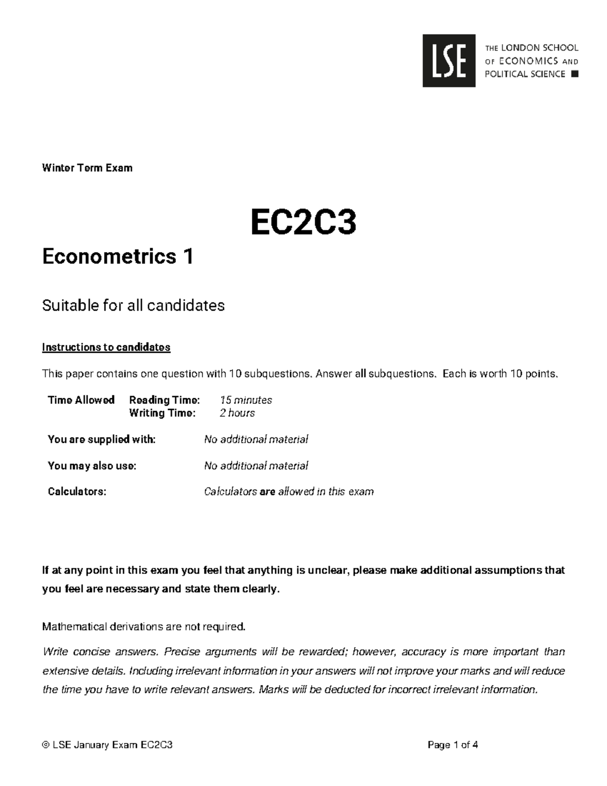 Mock Exam 1 - Winter Term Exam EC2C Econometrics 1 Suitable for all ...
