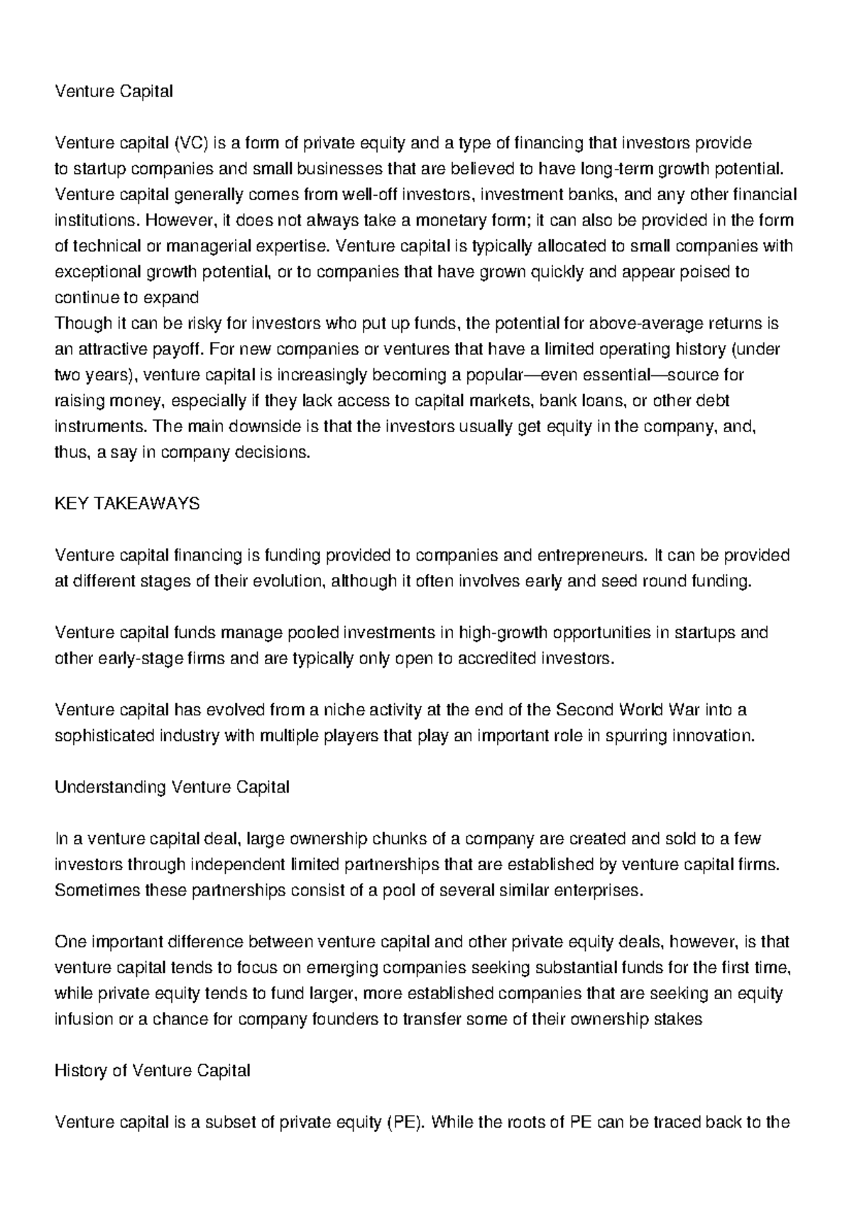Venture capital - it's lecture notes - Venture Capital Venture capital ...