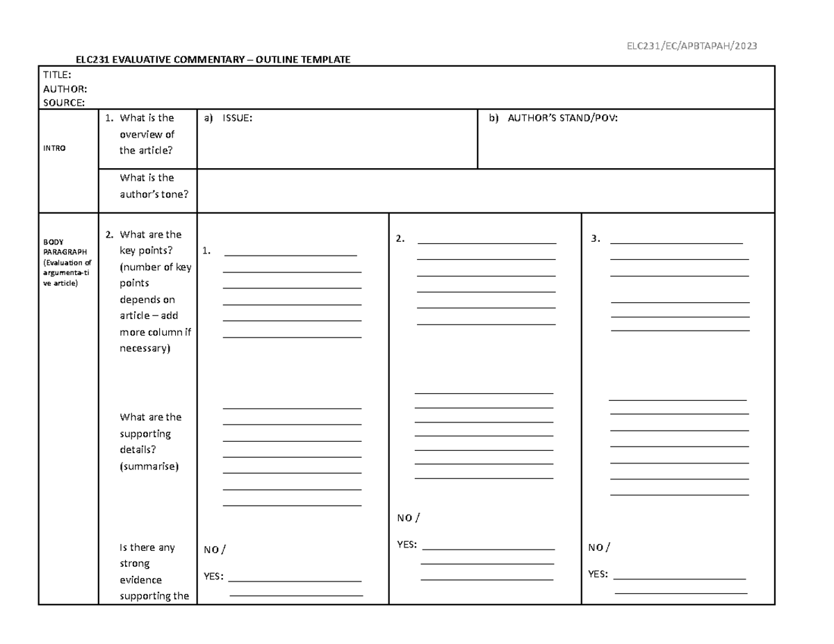 Evaluative Commentary Outline 2023.docx - ELC231/EC/APBTAPAH/ ELC231 ...